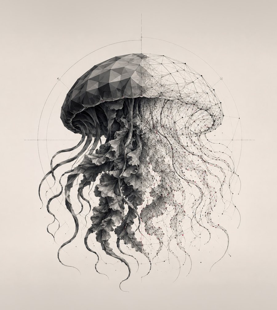 Drawing of a jellyfish, half rendered as a polygon mesh and half as a cloud of points
